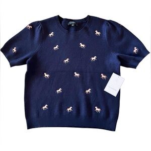 Calligraphie Women’s Small Navy Sweater with Brown Embroidered Horses
